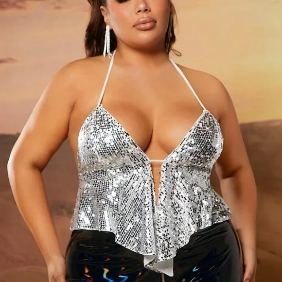 SHEIN | Women's Plus Silver Sequin Asymmetrical Hem Backless Halter Top | XXL - Picture 4 of 6